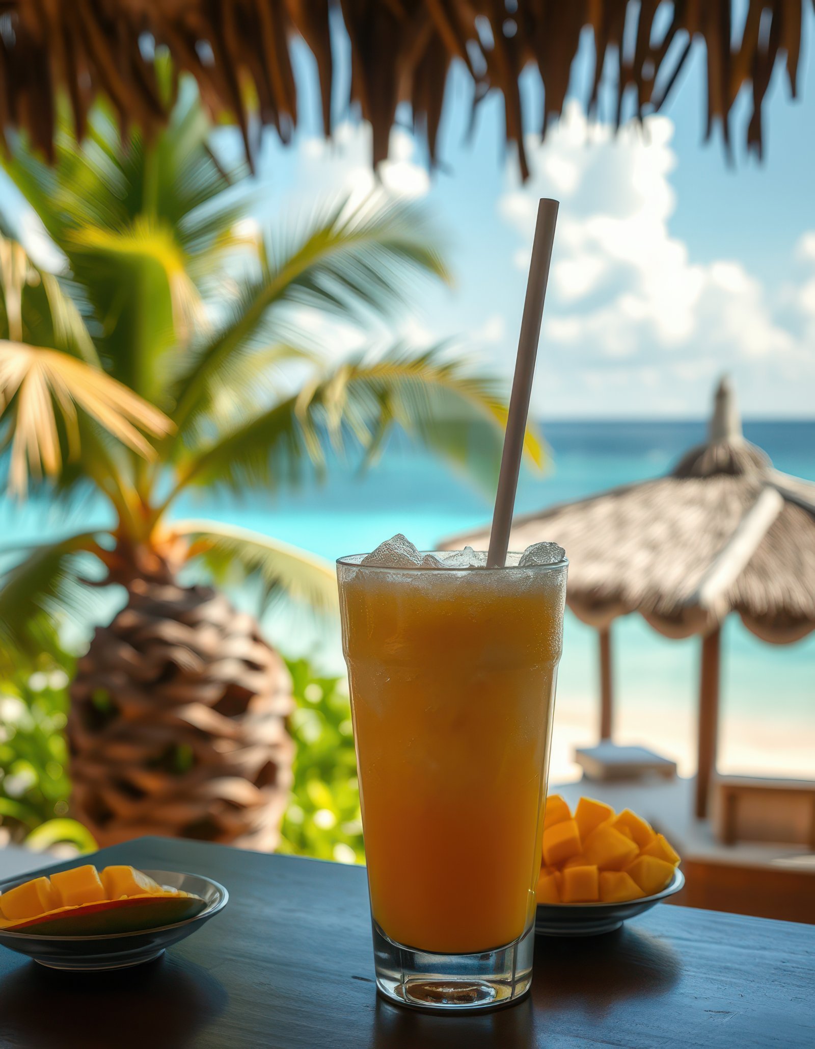 Refreshing mango drink served in a tropical setting by the beach with palm trees and a thatched roof in the background